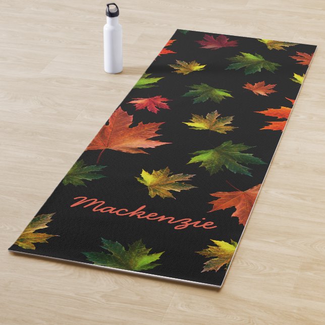 Rustic Maple Leaves Pattern with Name on BLACK Yoga Mat (In Situ)