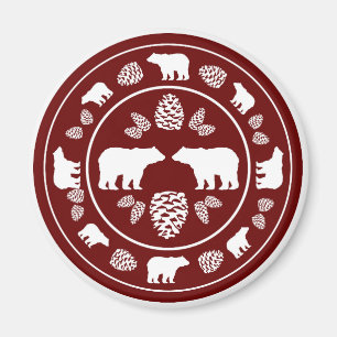 Rustic maroon bear pinecone circle magnet