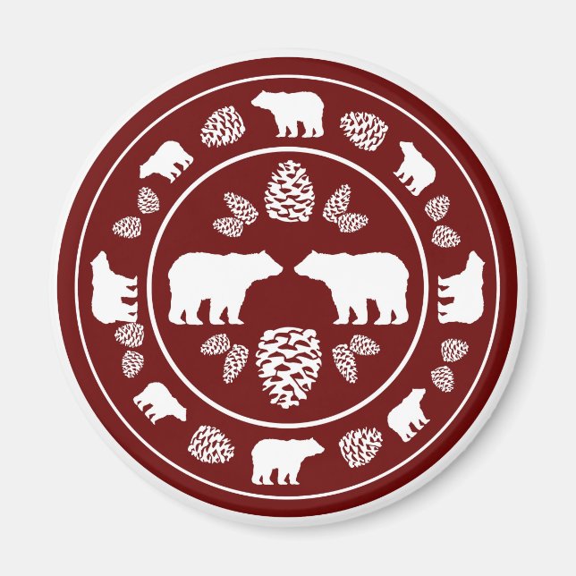 Rustic maroon bear pinecone circle magnet (Front)
