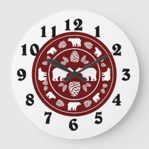 Rustic maroon bear pinecone round clock