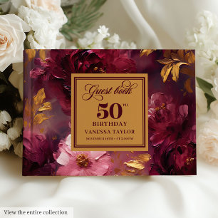 Rustic Maroon Blush Gold Flowers 50th Birthday Guest Book