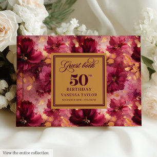 Rustic Maroon Blush Gold Flowers 50th Birthday Guest Book