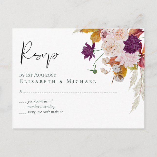Rustic Maroon Ginger Blush Wedding RSVP Postcard (Front)