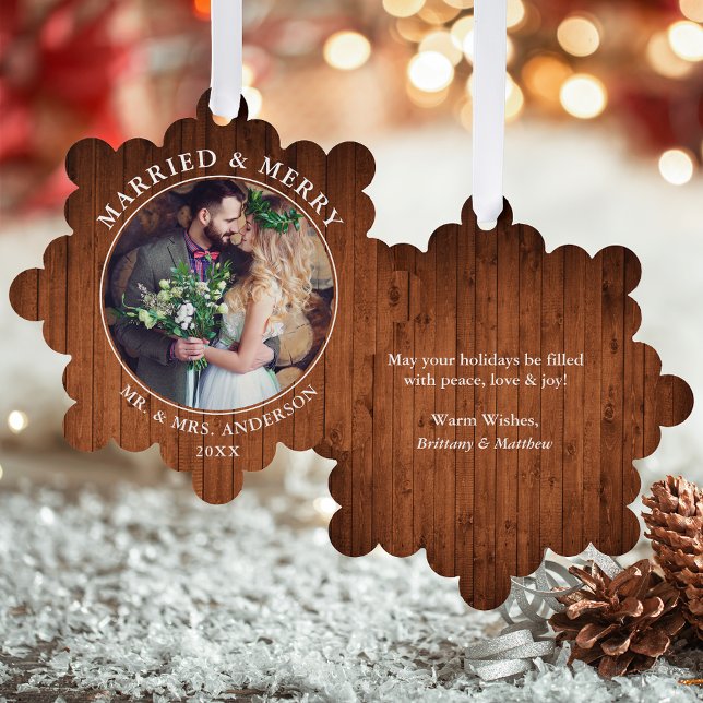 Rustic Married and Merry Wedding Photo Tree Decoration Card (A greeting card that is also an ornament! Customize with your photo and personalized text.)