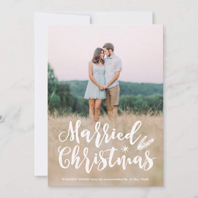 Rustic Married Christmas Full Photo Pine Pattern Holiday Card (Front)
