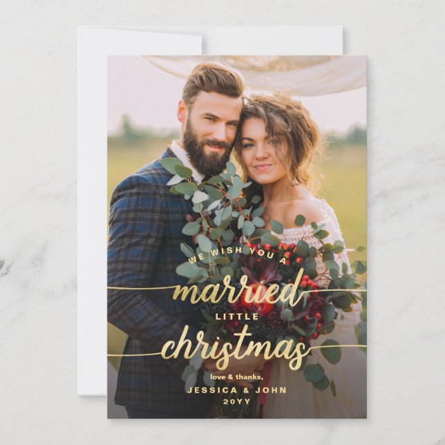 Rustic Married Little Christmas 2 Photo Wedding Thank You Card (Front)