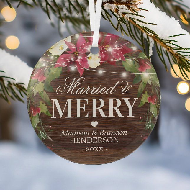 Rustic Married & Merry Christmas Glass Ornament (Creator Uploaded)