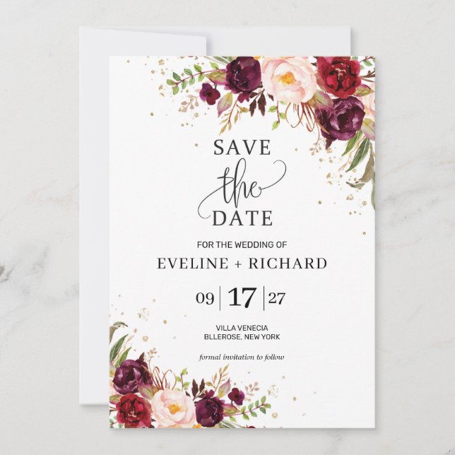 Rustic marsala blush pink floral save the date invitation (Front)