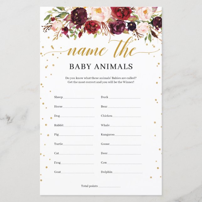 Rustic marsala boho name the baby animals game (Front)