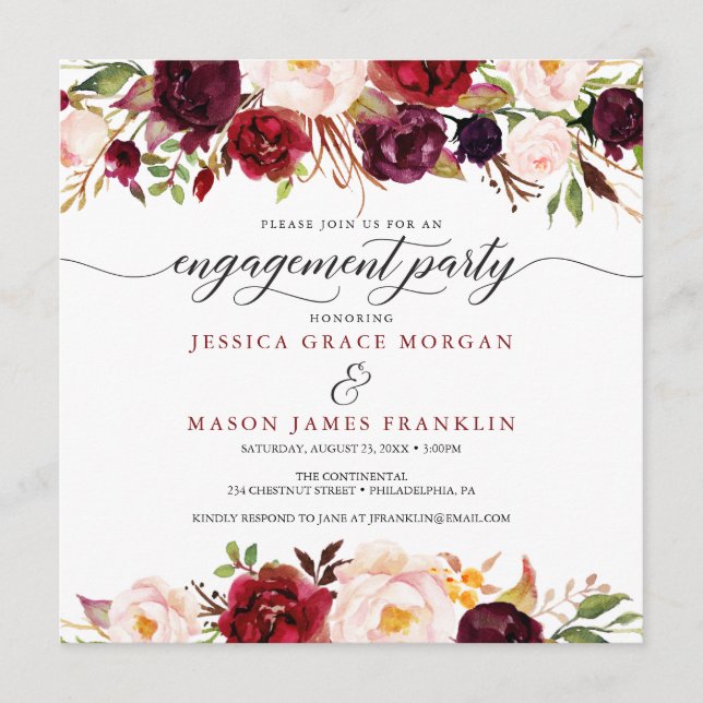 Rustic Marsala Burgundy Engagement Party Invites (Front)