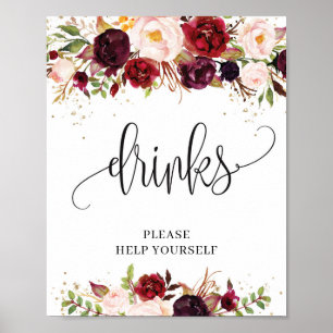 Rustic marsala burgundy floral gold drinks sign