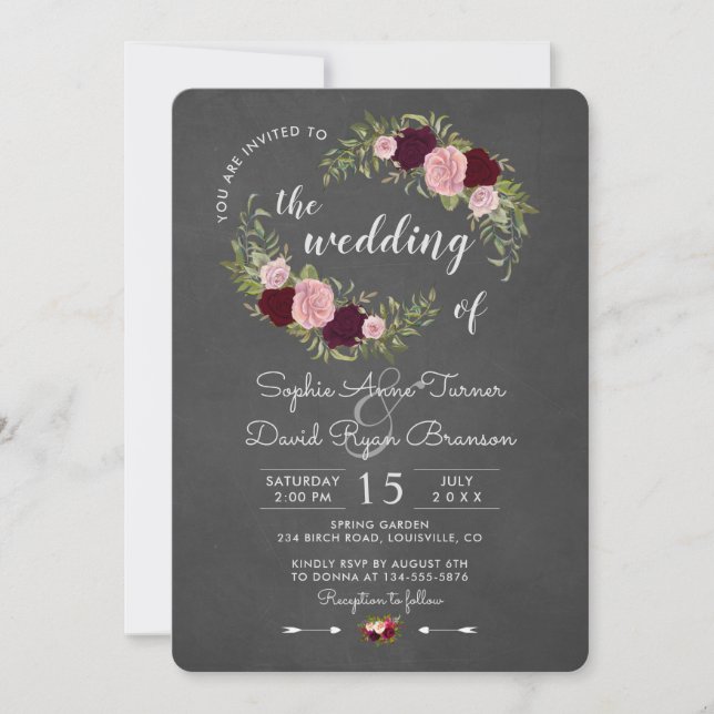Rustic Marsala Floral Chalkboard Wedding Invitation (Front)