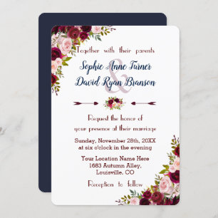 Rustic Marsala Floral Navy Blue Wedding Invite