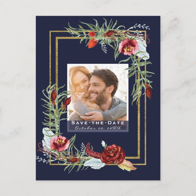 Rustic Marsala Floral Navy Photo Save the Date Announcement Postcard (Front)