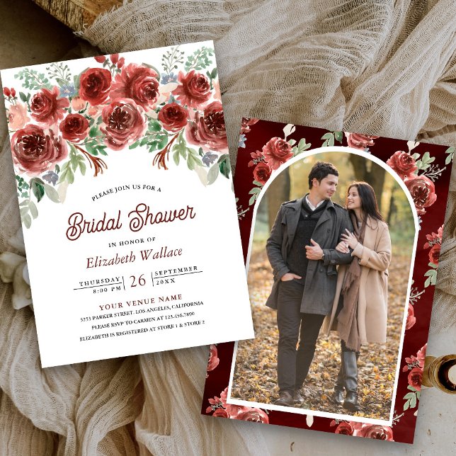 Rustic Marsala Floral Photo Bridal Shower Invitation (Creator Uploaded)