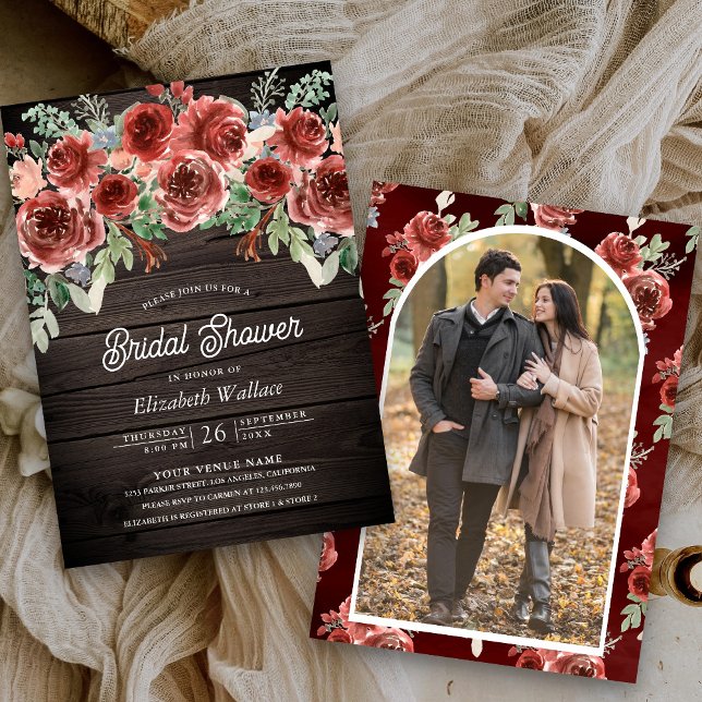 Rustic Marsala Floral Photo Wood Bridal Shower Invitation (Creator Uploaded)