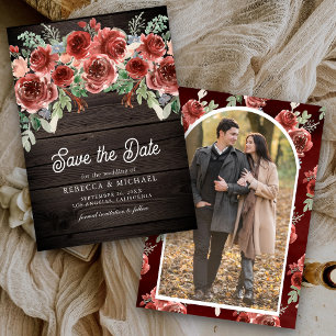 Rustic Marsala Floral Photo Wood Wedding Save The Date