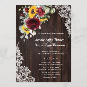 Rustic Marsala Floral Sunflowers Wood Lace Wedding Invitation