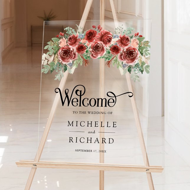 Rustic Marsala Floral Wedding Welcome Acrylic Sign (Creator Uploaded)