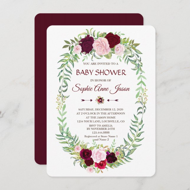 Rustic Marsala Floral Wreath Baby Shower Invitation (Front/Back)