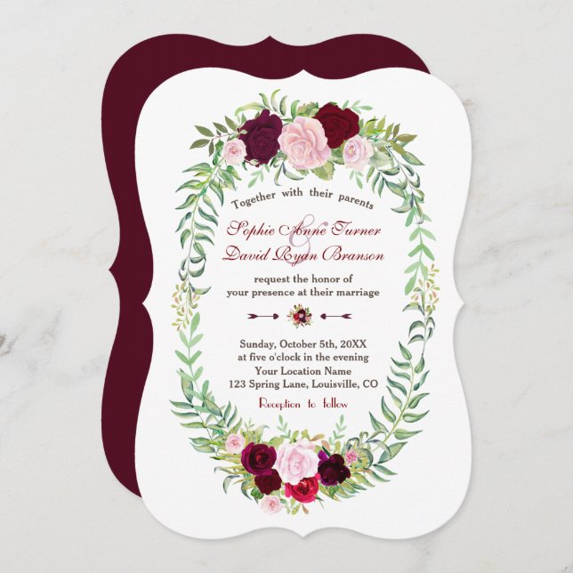 Rustic Marsala Floral Wreath Burgundy Wedding Invitation (Front/Back)
