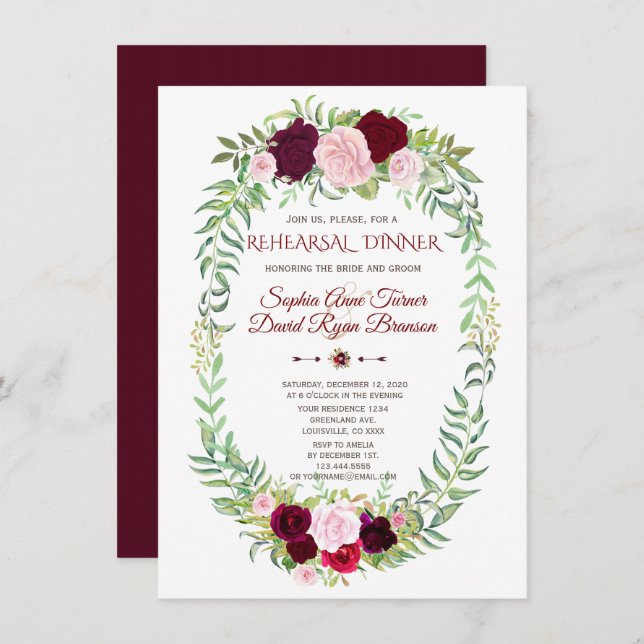 Rustic Marsala Floral Wreath Rehearsal Dinner Invitation (Front/Back)