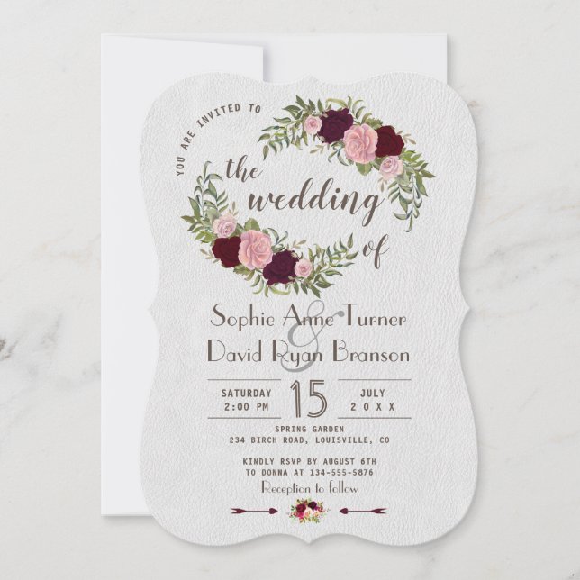 Rustic Marsala Watercolour Floral White Wedding Invitation (Front)