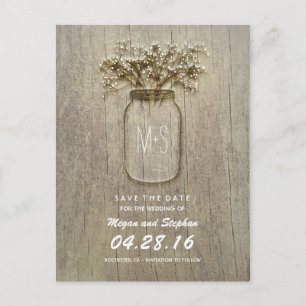 rustic mason jar and baby's breath save the date announcement postcard