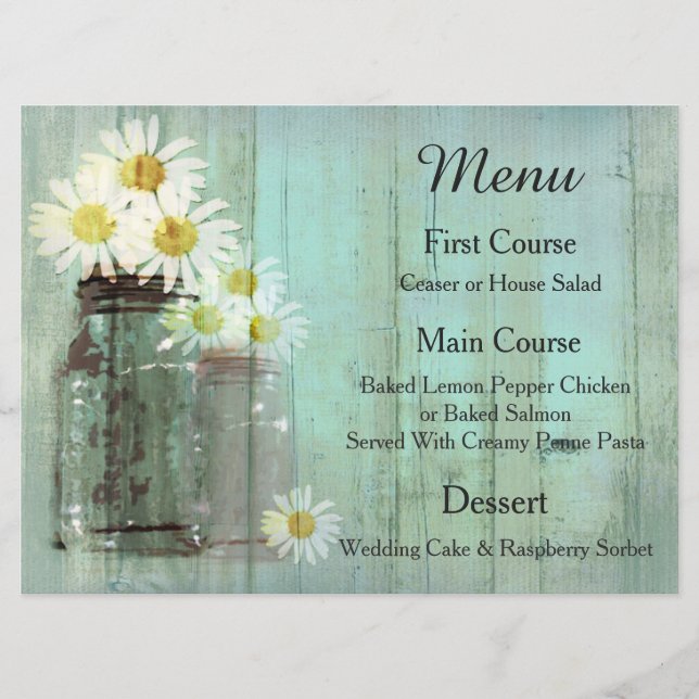 Rustic Mason Jar And Daisy Wedding Menu (Front)