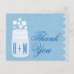 Rustic Mason Jar and Flowers Thank You Blue A29 Postcard
