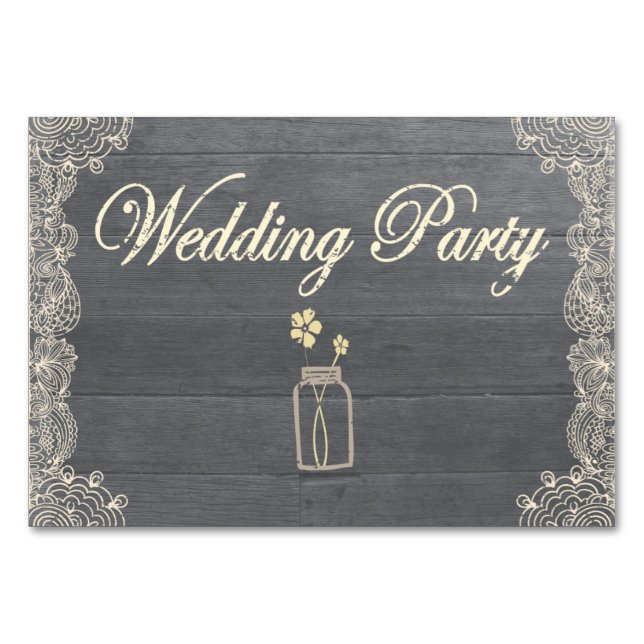 Rustic Mason Jar and Lace Wedding Party Table Card (Front)