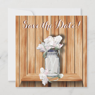 Rustic Mason Jar and Pink Peonies Save The Date