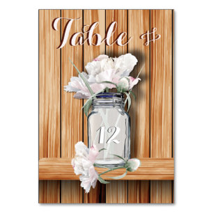Rustic Mason Jar and Pink Peonies Table Card