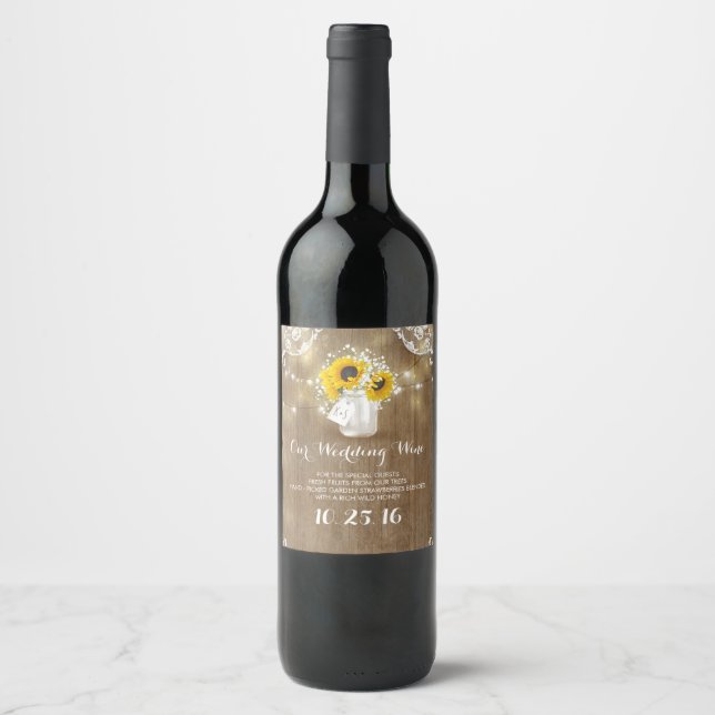 Rustic Mason Jar and Sunflowers with Baby's Breath Wine Label (Front)