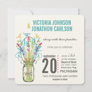 Rustic Mason Jar Aqua Yellow Lime Pink Floral Invitation