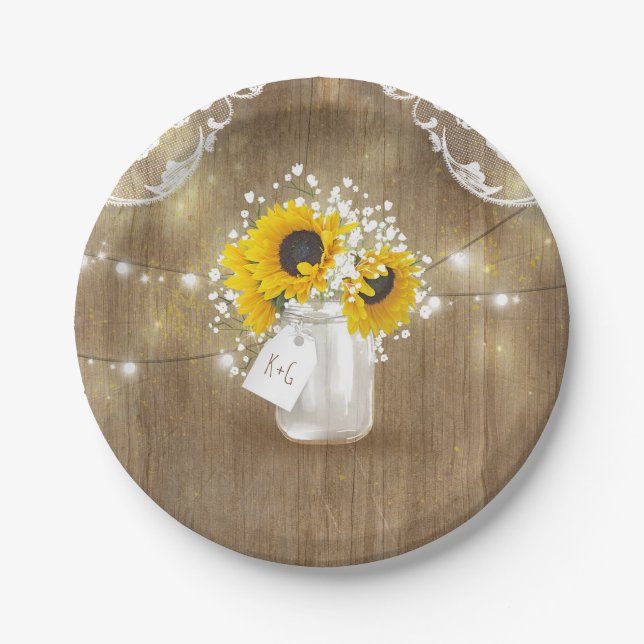 Rustic Mason Jar Baby's Breath and Sunflowers Paper Plate (Front)