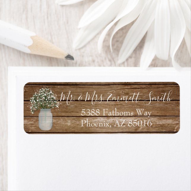 Rustic Mason Jar Babys Breath Return Address Label (Insitu)