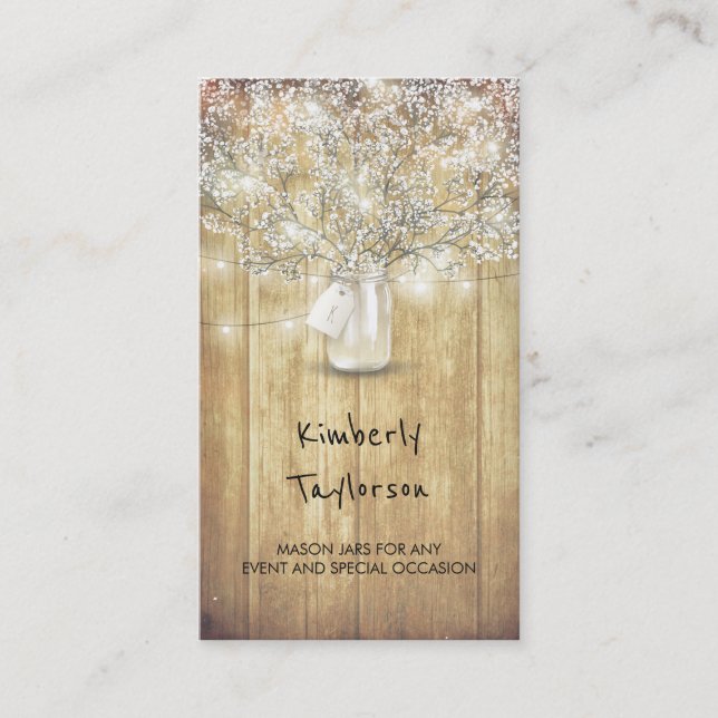 Rustic Mason Jar Baby's Breath String Lights Barn Business Card (Front)
