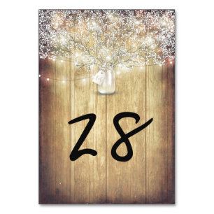 Rustic Mason Jar Baby's Breath String Lights Barn Table Number