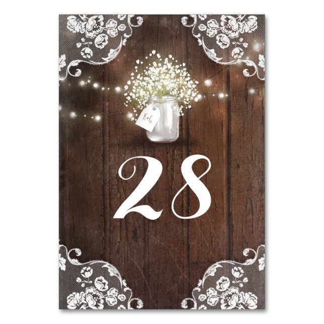 Rustic Mason Jar Baby's Breath String Lights Barn Table Number (Front)