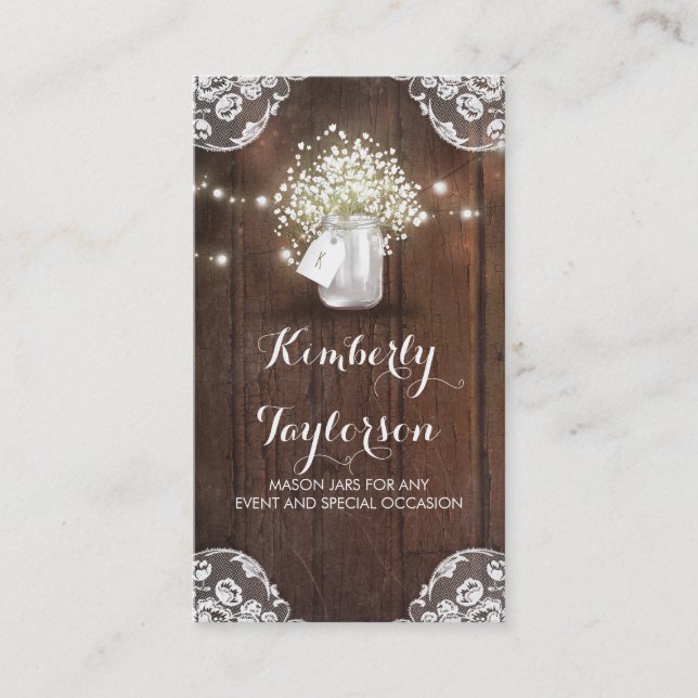Rustic Mason Jar Baby's Breath String Lights Lace Business Card (Front)
