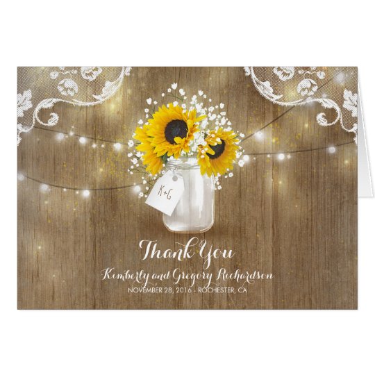 Rustic Mason Jar Baby's Breath Sunflower Thank You Card