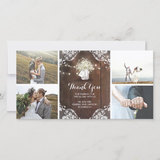 Rustic Mason Jar Baby's Breath Wedding Thank You Card (Front)