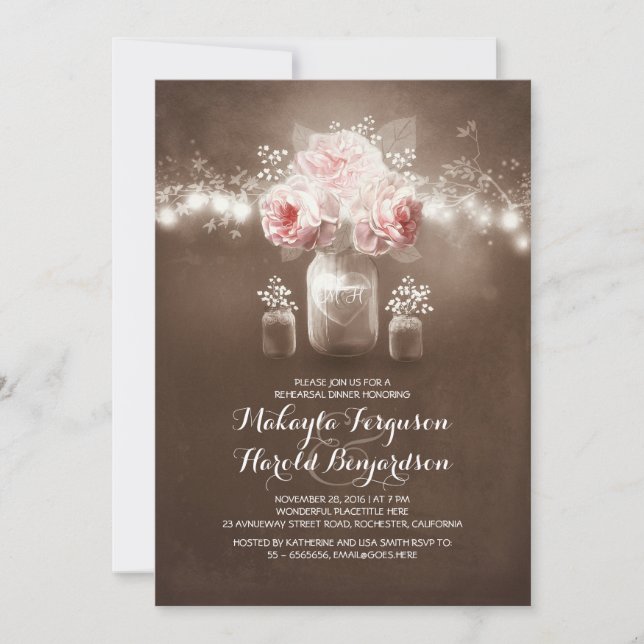 rustic mason jar barn wedding rehearsal dinner invitation (Front)