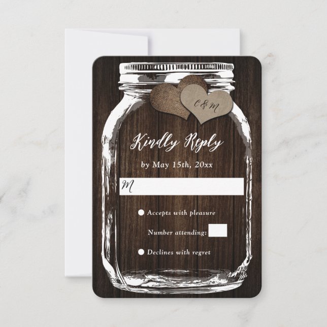 Rustic Mason Jar Barn Wood Burlap Wedding RSVP Card (Front)
