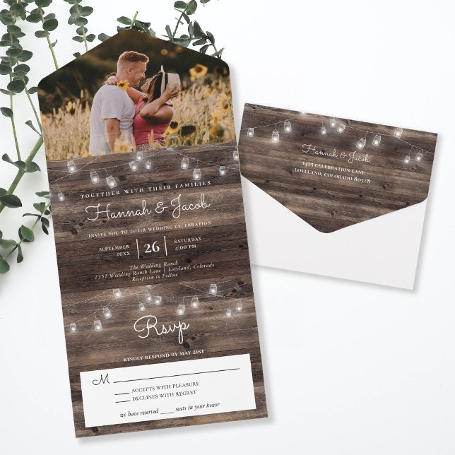 Rustic Mason Jar Barn Wood Photo Wedding All In One Invitation (Creator Uploaded)
