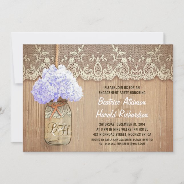 rustic mason jar bluehydrangea engagement party invitation (Front)