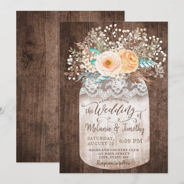 Rustic Mason Jar Boho Wood Wedding Invitations (Front/Back)