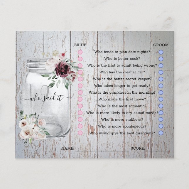 Rustic Mason Jar Bridal Shower Game (Front)