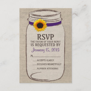 Rustic Mason Jar & Burlap and Sunflower RSVP Card